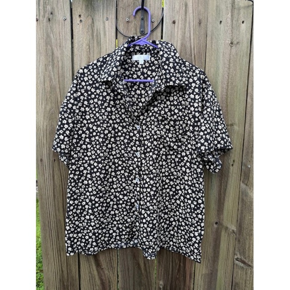 Floral Henly Button Down Shirt Womens Large Black White Ditsy Print Short Sleeve